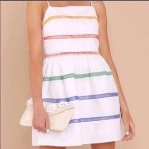 English Factory White Mini Dress with Yellow, Coral, Green & Blue Trim